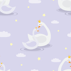 Vector seamless pattern with two white swans character in lake in cartoon style