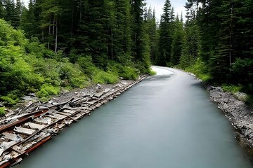 A lonely path beside a lake, small green tall pine trees on both sides, a broken rail track and a beautiful blue clear sky