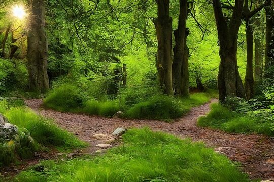 Footpath in the park, a lonely place in the woods, stone trail paths in a forest 