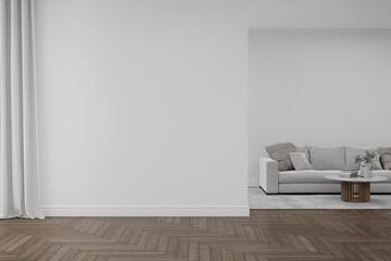 Empty white wall with sofa and carpet on wooden floor. 3d rendering of interior living room