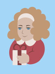 Embarrassed smiling girl in red dress with present in her hands. Simple abstract isolated vector illustration.