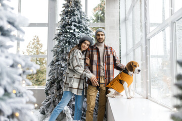 Photo session in the studio of a young couple. A family couple with a dog. New Year's story.