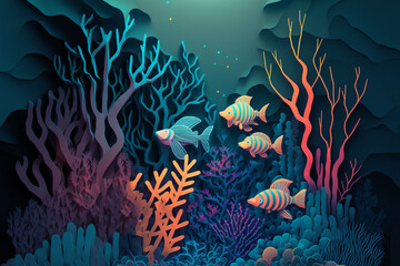 Fototapeta na wymiar Illustration in paper cut craft style of Beautiful underwater sea or ocean scene at night time with fish, seashell, seaweed glow light , moon