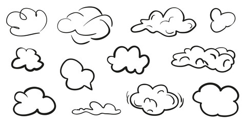 Abstract clouds on isolation background. Sketchy doodles on white. Hand drawn infographic elements. Black and white illustration. Sketches for artworks