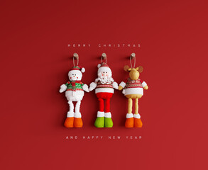 Santa Claus, Snowman and Christmas deer stuffed toys hanging on red wall background. Decorative Christmas Greeting card with text 3D Rendering, 3D Illustration