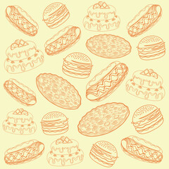 Fast food in abundance and with amazing taste, pizza, burger, hot-dog, cake, cooking, live tasty, food, contour, vector illustration, pattern 