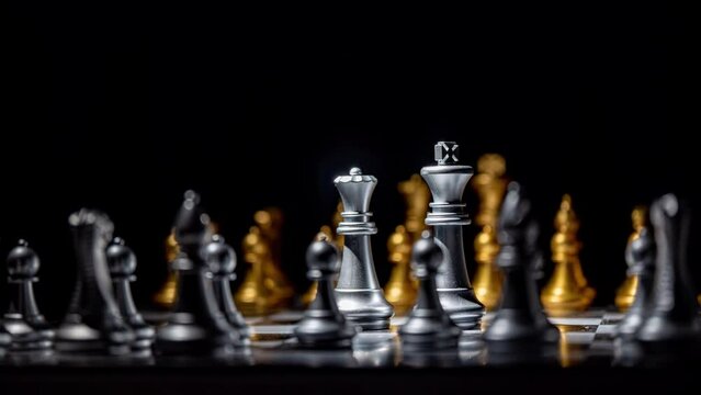 Rotating chessboard with pieces and digital graphics elements, chess notation, video loop