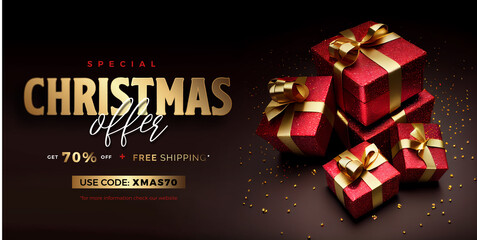 Naklejka premium Horizontal Christmas sale banner. Special price, offer advertisement template. 3d illustration of red gift boxes with gold ribbon on black background. 70% OFF.