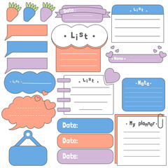 Cute blank paper notes. Stationery organizer set. Scrapbook notes and memo schedule.Printable planner stickers. To Do List sticky note pad. Decorative planning element. Vector illustration.