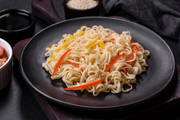 Delicious fresh rice noodles with shrimp, spices and herbs