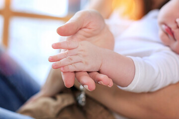 Close up young mother hold hand of small tiny cute baby son daughter. Mom holding innocent child in...