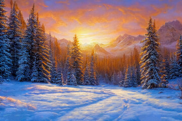 Fototapeta premium Winter landscape with sunset.