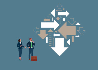 Business team looks at arrows pointing to many directions. Right direction. Flat vector illustration.