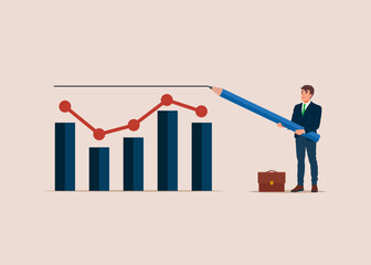 Businessman draw expectation line on KPI graph. Set expectation, key performance indicator for improvement growth, hope or success. Flat modern vector illustration.