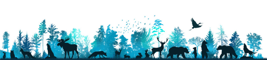 Forest landscape with silhouettes of animals. Vector illustration - obrazy, fototapety, plakaty