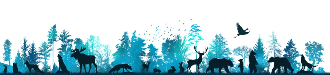 Fotobehang Forest landscape with silhouettes of animals. Vector illustration © Мария Неноглядова