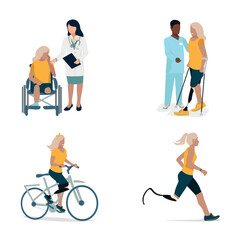 Set of illustrations of a girl with a prosthetic leg. A disabled girl in a wheelchair after amputation, with a doctor learns to walk on a prosthesis, rides a bicycle and runs. Vector illustration