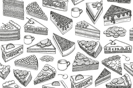 Seamless background with different pieces of cakes. Hand drawn vector illustration of cheesecakes, cakes, cups of tea or coffee isolated on white background