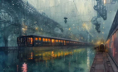 An urban train rides inside of a waterway in a fantasy city. Colorful watercolor composition. Digital artwork.	

