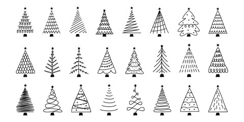 Vector flat hand drawn set of christmas trees