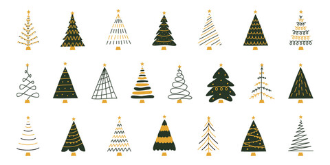 Vector flat hand drawn set of christmas trees - obrazy, fototapety, plakaty