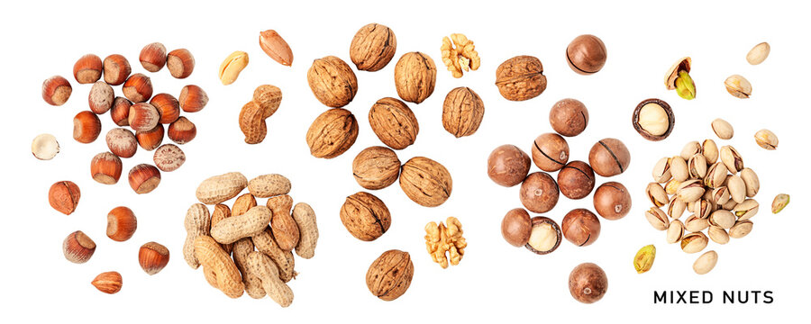 Different nuts set. PNG with transparent background. Flat lay. Without shadow.