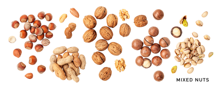 Different nuts set. PNG with transparent background. Flat lay. Without shadow.