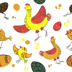 Seamless pattern for the holiday of Easter. The hens and eggs are drawn in a simple style in yellow and red colors. Vector illustration
