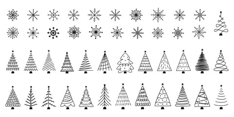 Vector flat hand drawn set of christmas trees and snowflkes