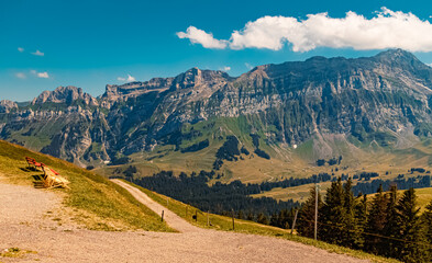 Obraz premium Beautiful alpine summer view at the famous Kronberg mountains, Appenzell, Alpstein, Switzerland