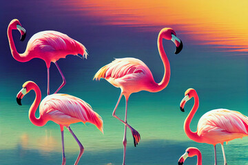 Beautiful tropical pattern with pink flamingo and palm leaves on dark background. Abstract summer texture.