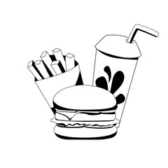 fast food, flat illustration, potatoes, soda, hamburger, black and white line art