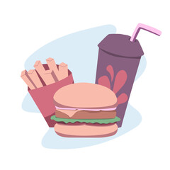 fast food, flat illustration, potatoes, soda, hamburger