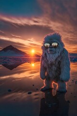 spectacular photo of a yeti wearing reflective skiglasses during sunset