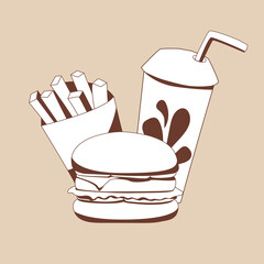 fast food, flat illustration, potatoes, soda, hamburger, monochrome line art
