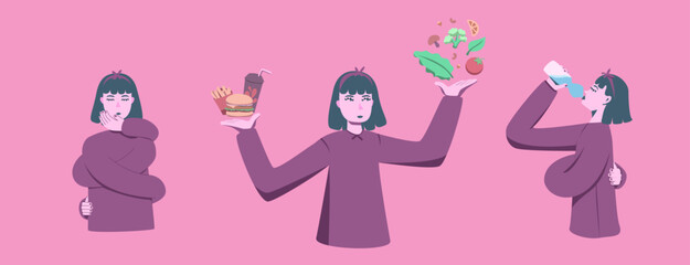 Concept of love yourself, care, acceptance, healthy lifestyle, healthy food, mental health. Set of vector illustrations with female character. Woman drink water, hugs herself, choose food