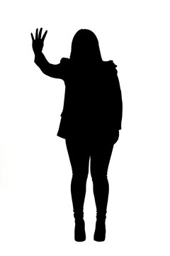 silhouette of a portrait of a woman with finger four mumber over white background