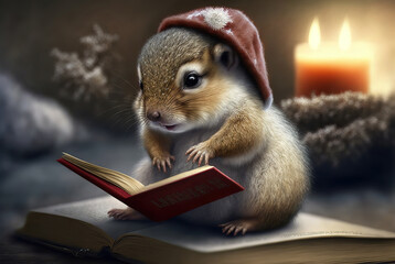 A cute baby rodent is reading a book in the nighttime with candles lit up in the background and wearing a Santa hat on its head. Generative AI