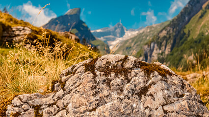 Beautiful alpine summer view with details of a rock at the famous Seealpsee lake, Appenzell, Alpstein, Switzerland