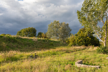 Landscape with trees and sky and bicycle