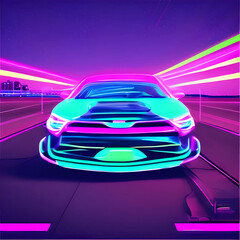 Fototapeta na wymiar Neon car driving, syntwave, vaporwave