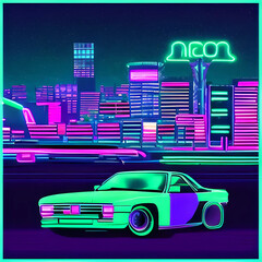 Obraz premium Neon car driving, syntwave, vaporwave