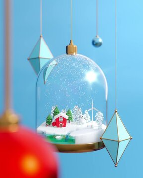 Christmas glass ball snowy town podium and ornaments blue background social media post 3d render