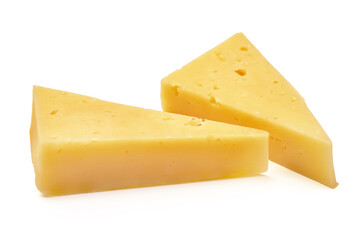 Emmental cheese, Swiss cheese, isolated on white background. High resolution image.