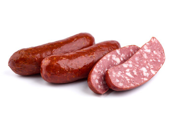 Bratwurst sausages, isolated on white background. High resolution image.