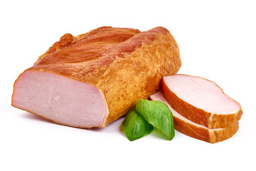 Sliced smoked pork loin, isolated on white background.