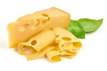 Maasdam cheese block, isolated on white background. High resolution image.