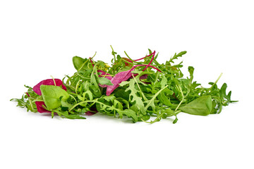 Fresh vegetarian mix salad - arugula, spinach and red spinach, isolated on white background. High resolution image.