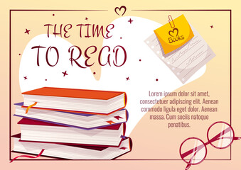 Stack of books, glasses, a piece of notebook with sticker and paper clip. Book lover, Reading, Book store, Library, Education concept. A4 vector illustration for flyer, poster, banner. 