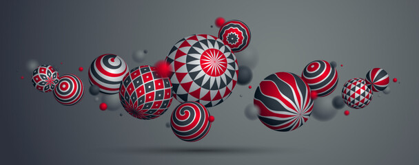 Realistic decorated spheres vector illustration, abstract background with beautiful balls with patterns and depth of field effect, 3D globes design concept art.